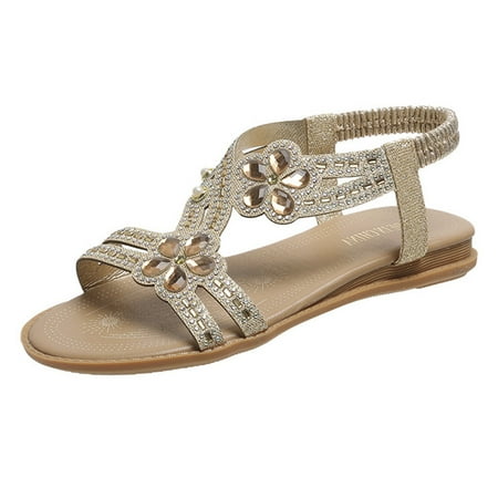 

SEMIMAY Summer Sandals Open Flat Women Spring Flower Beach Rhinestone Fashion Style Toe Women s sandals
