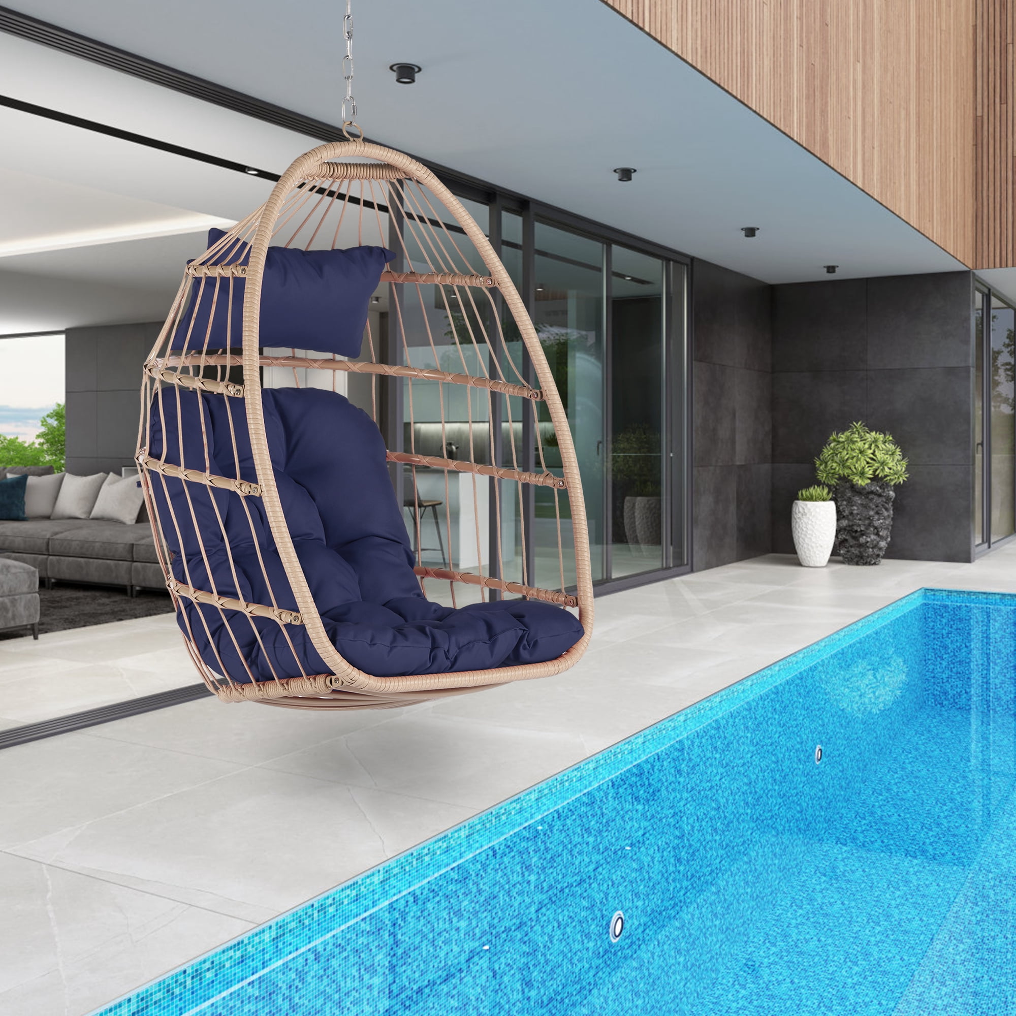 Wicker Folding Egg Chair, Indoor Outdoor Swing Egg Chair, Garden Porch