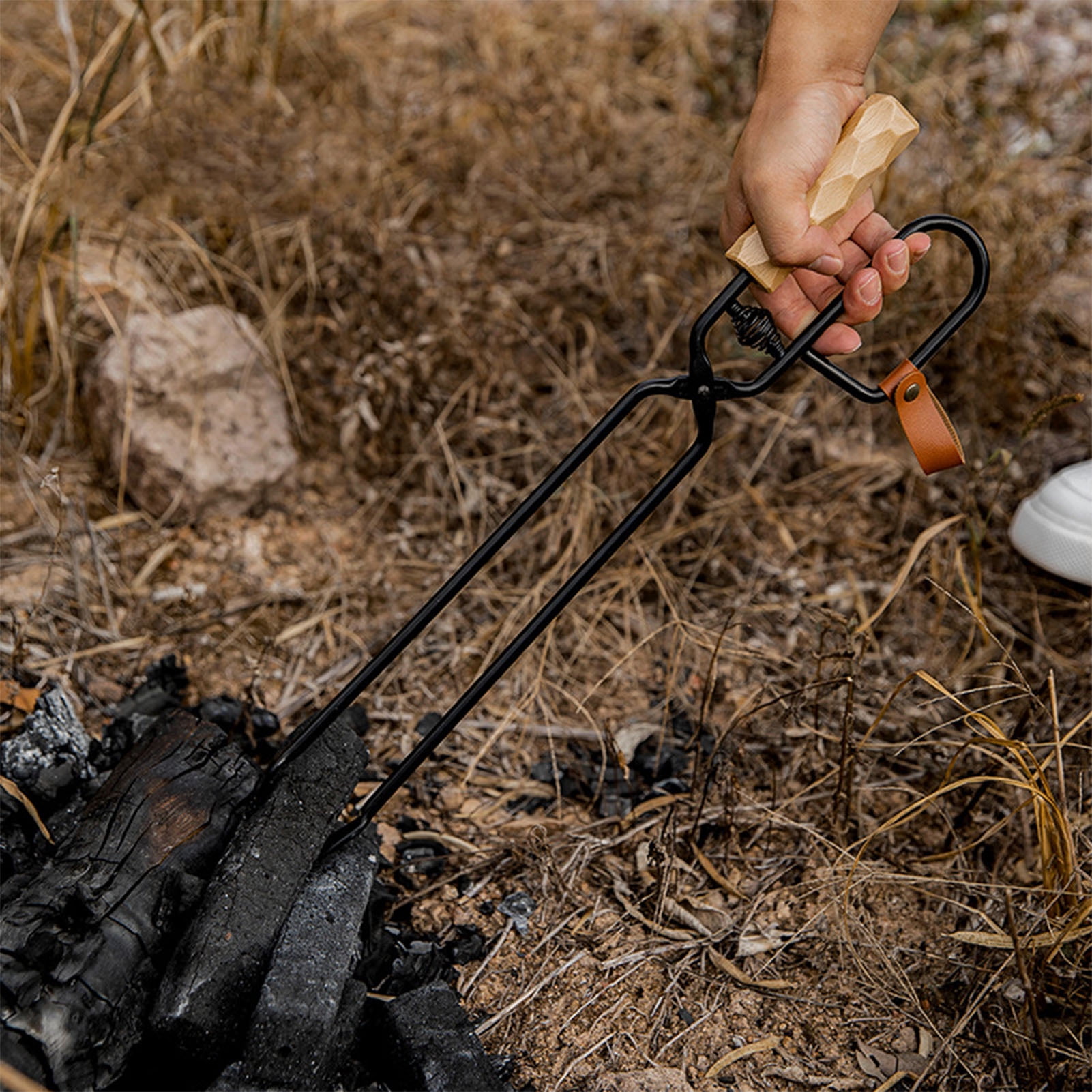 Pince à Bois De Cheminée 40 Cm – Acier Inoxydable, Poignée Bois, Anti-Brûlure, Avec Gants