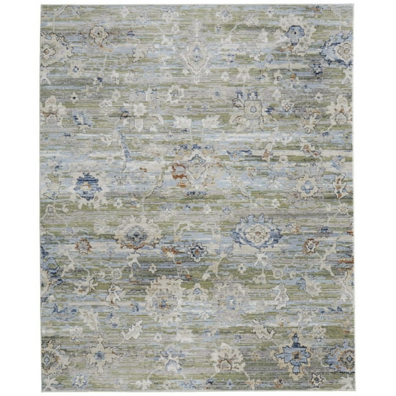 8' X 10' Ivory Green and Blue Floral Power Loom Worn Faded Area Rug