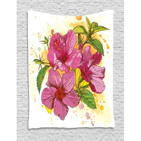 Simple Elegance Bouquet Floral Tapestry, Vibrant Hibiscus Flower Bouquet Exotic Elegance Watercolor Art, Wall Hanging for Bedroom Living Room Dorm Decor, 60W X 80L Inches, Fuchsia Green Earth Yellow White, by Ambesonne ()