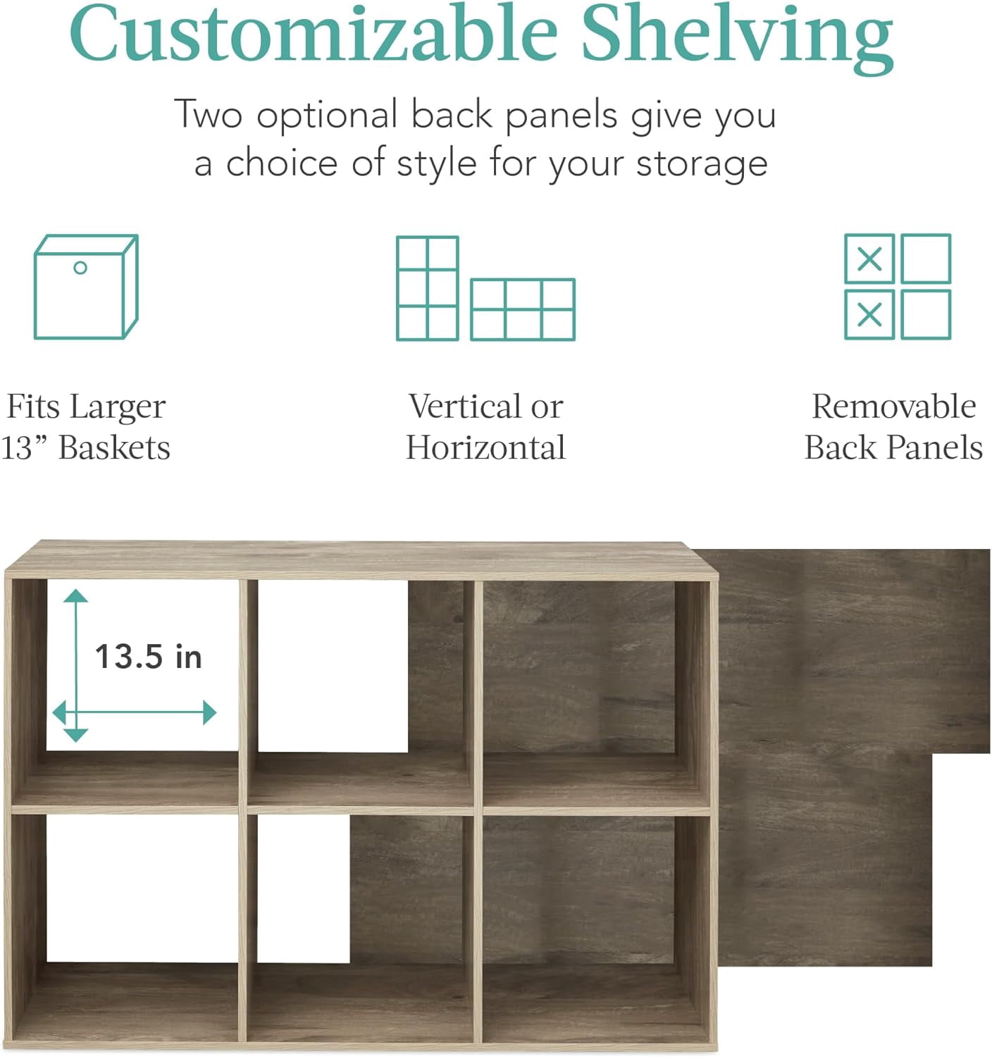 HJTER 6-Cube Storage Organizer, 13.5in Shelf Opening, Bookcase, Display Shelf, Customizable w/ 3 Removable Back Panels – Greige