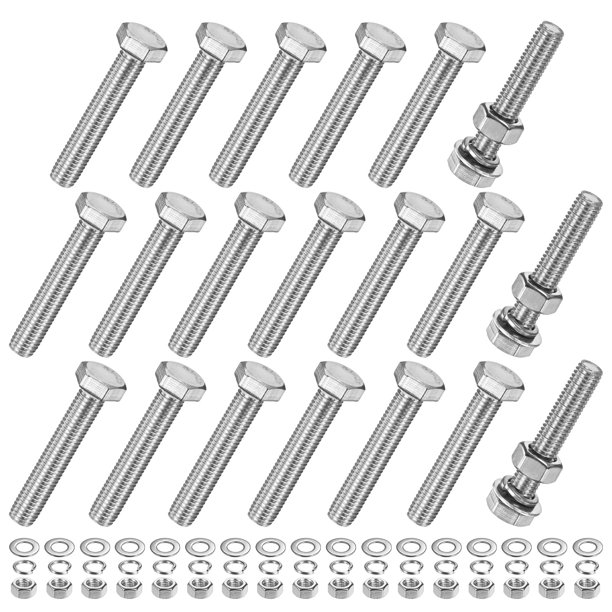 Uxcell Kit de tornillos de cabeza hexagonal de 20 piezas con tuercas, arandelas planas y de bloqueo M10x60mm, tornillos de acero inoxidable totalmente roscados