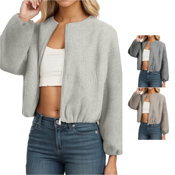 Unir Casual Tweed Zip Up Jacket for Women, Crew Neck Long Sleeve with Pockets, Comfortable Fall Winter Outerwear, 1 Piece, XS-L