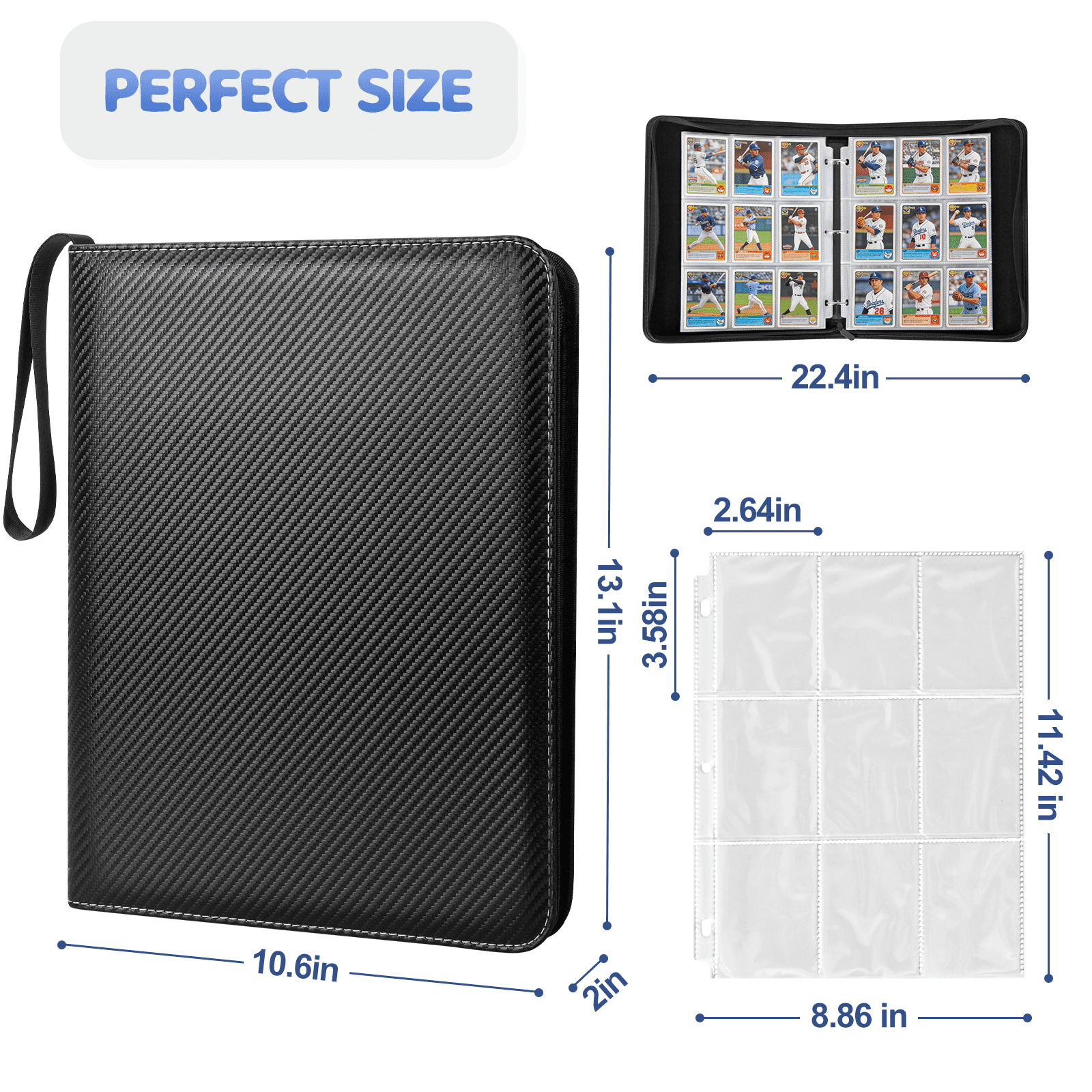 900 Pockets Collectible Trading Card Binder, 50 Double-Sided Pages with 9 Pockets Design, Featuring Zipper Closure and Sturdy Pu Leather Cover for Trading Cards, Tcg, and Game Cards