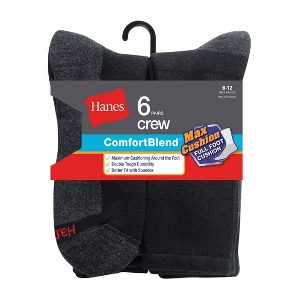Hanes Mens ComfortBlend 6-Pack Max Cushion Crew Sock, 6-12, Black