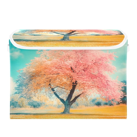 Storage Box With Lid 16.5x12.6x11.8In Foldable Stacked Household Storage Box Spring Tree Scene