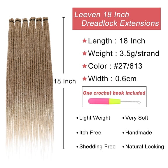 WEIF-40 Strands Synthetic Dreadlock Extensions 18 Inch Single Ended Ombre Blonde Thin Dreads Extensions Crochet Hippe Dreads Handmade 0.6 cm Width Loc Extensions Reggae Style Hair for Women Men