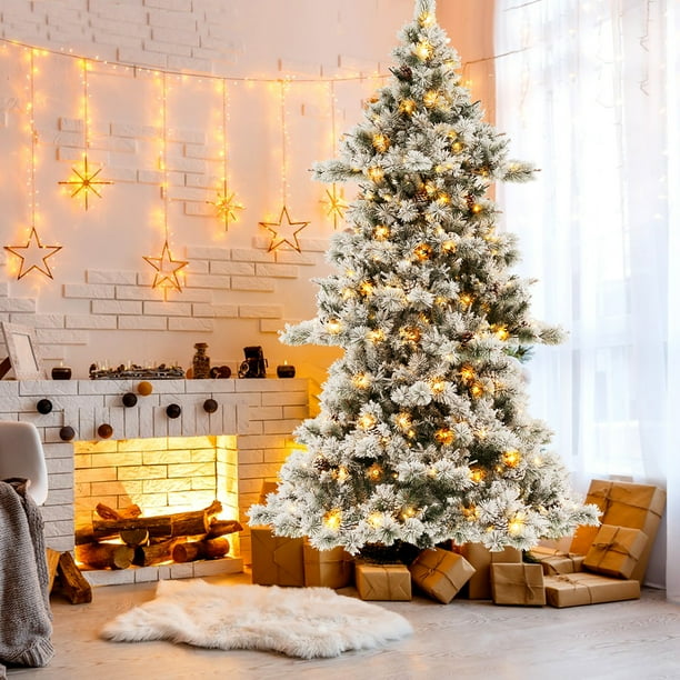 Gymax 7 FT PreLit SnowFlocked Christmas Tree Artificial Hinged Xmas