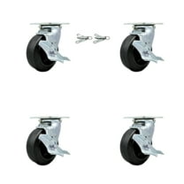 5 Inch Rubber on Steel Caster Set with Ball Bearings 4 Brake 2 Swivel Lock SCC