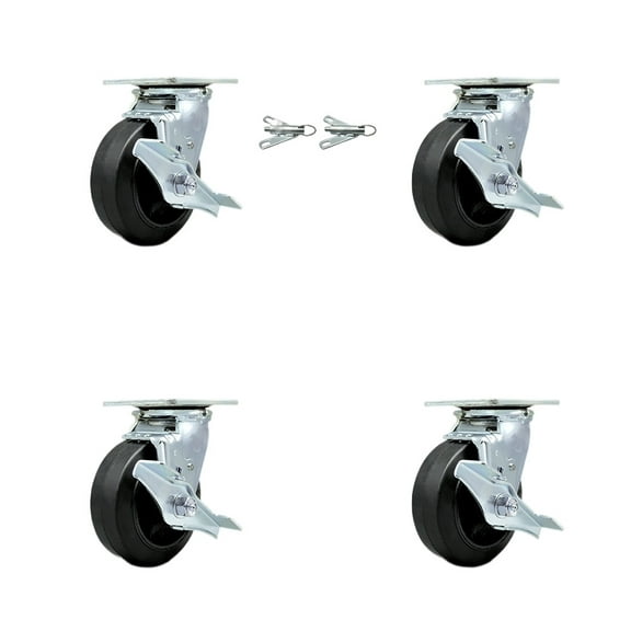 5 Inch Rubber on Steel Caster Set with Ball Bearings 4 Brake 2 Swivel Lock SCC