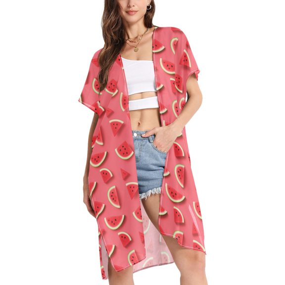 joogoo Women's Watermelon Fruit Beach Cover Up Kimono Swimsuit Summer Cardigan Swimwear S