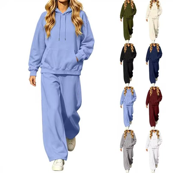 Women Two Piece Set Long Sleeve Loose Hooded Sweatshirt Solid Color Drawstring Elastic Waist Wide Leg Curved Pants Tracksuit Casual Daily Sports Outfit
