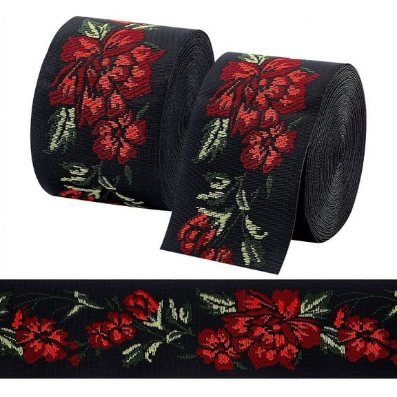 7M Flat Ethnic Style Polyester Jacquard Flower Ribbon for Clothing Sewing Dark Red 2 inch(50mm) about 7.66 Yards(7m)/Roll