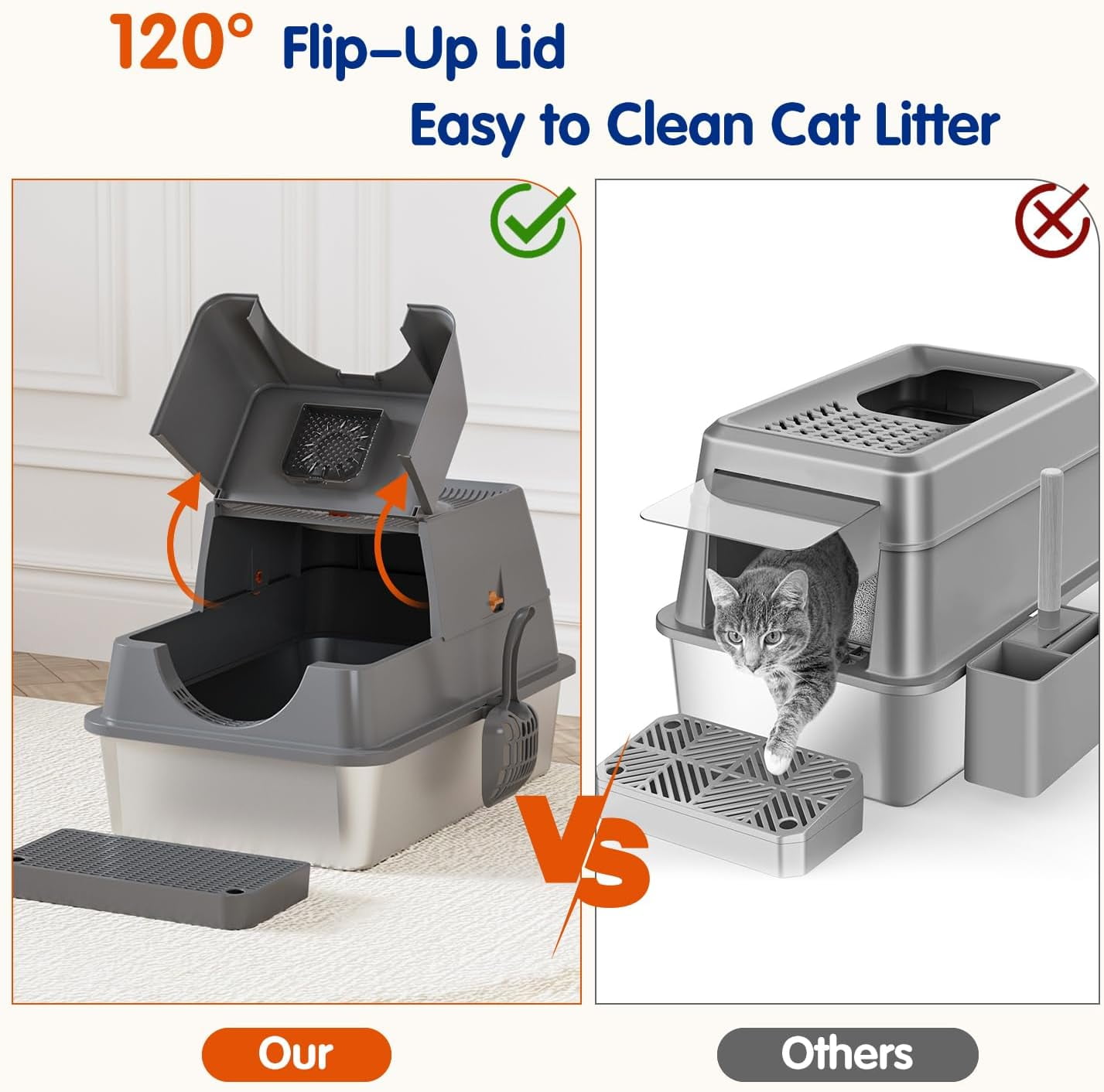 Stainless Steel Litter Box with Lid, XL Extra Large Cat Litter Box Enclosure, Front & Top Entry Covered Metal Cat Box with Steps & Scoop, Easy Cleaning