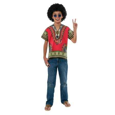 Boys Hippie Halloween Costume With Peace Sign Wig & Psychedelic Shirt