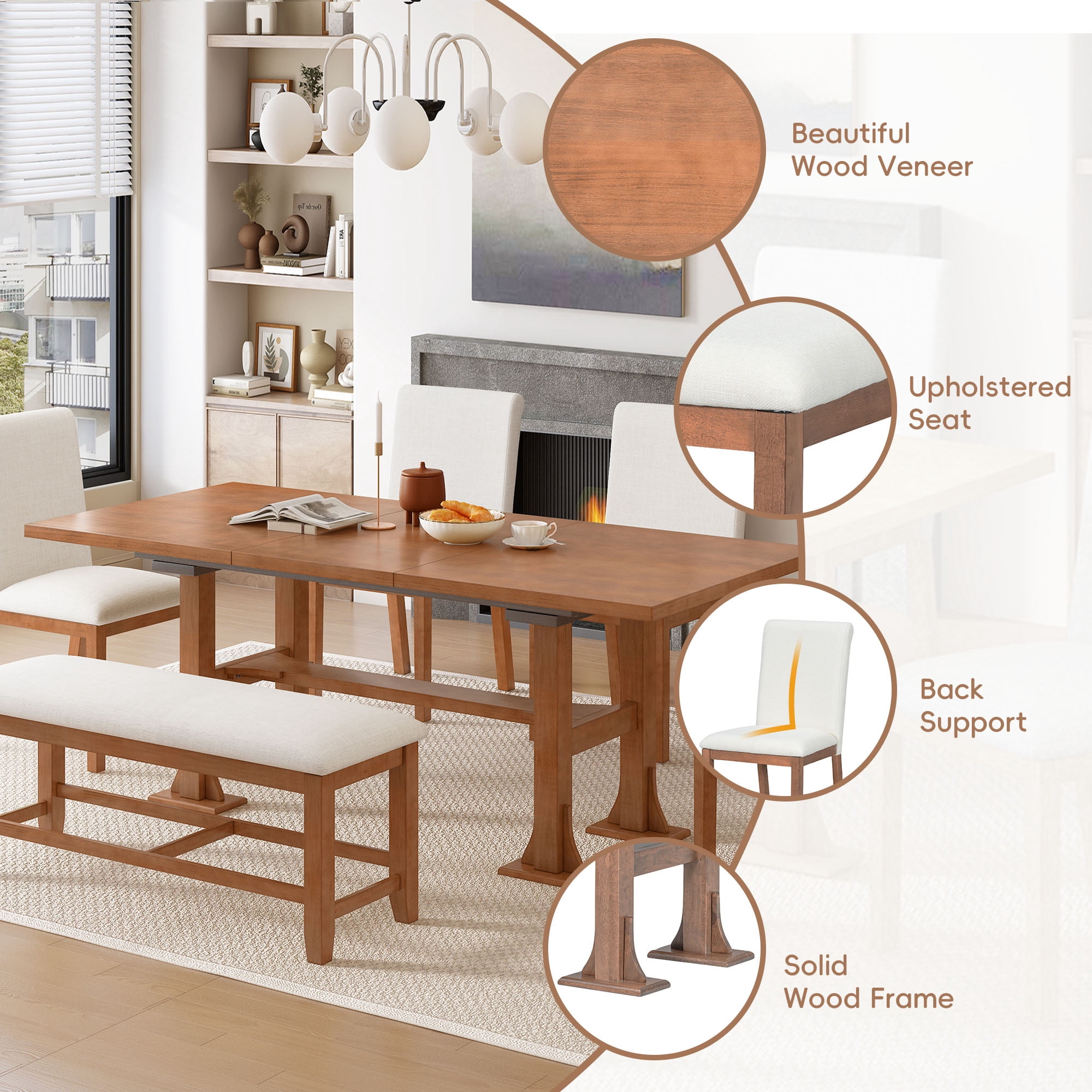 6-Piece Dining Table Set for 6, 58"-76" Extendable Dining Table with Removable Leaf, 4 Chair and Bench