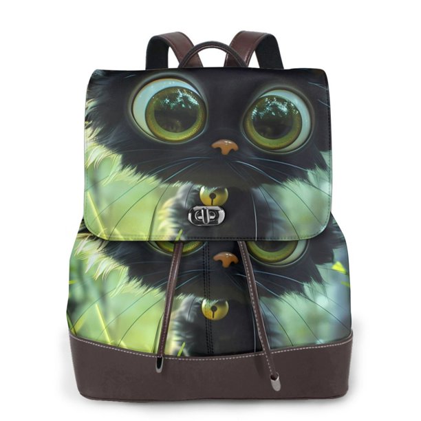 Balery Cute Big-Eyed Black Cat Mochila de Cuero para Mujeres, Gran Capacidad, Bolsa de Viaje Multifuncional, Mochila de Cuero y Bolsa de Hombro para Mujeres