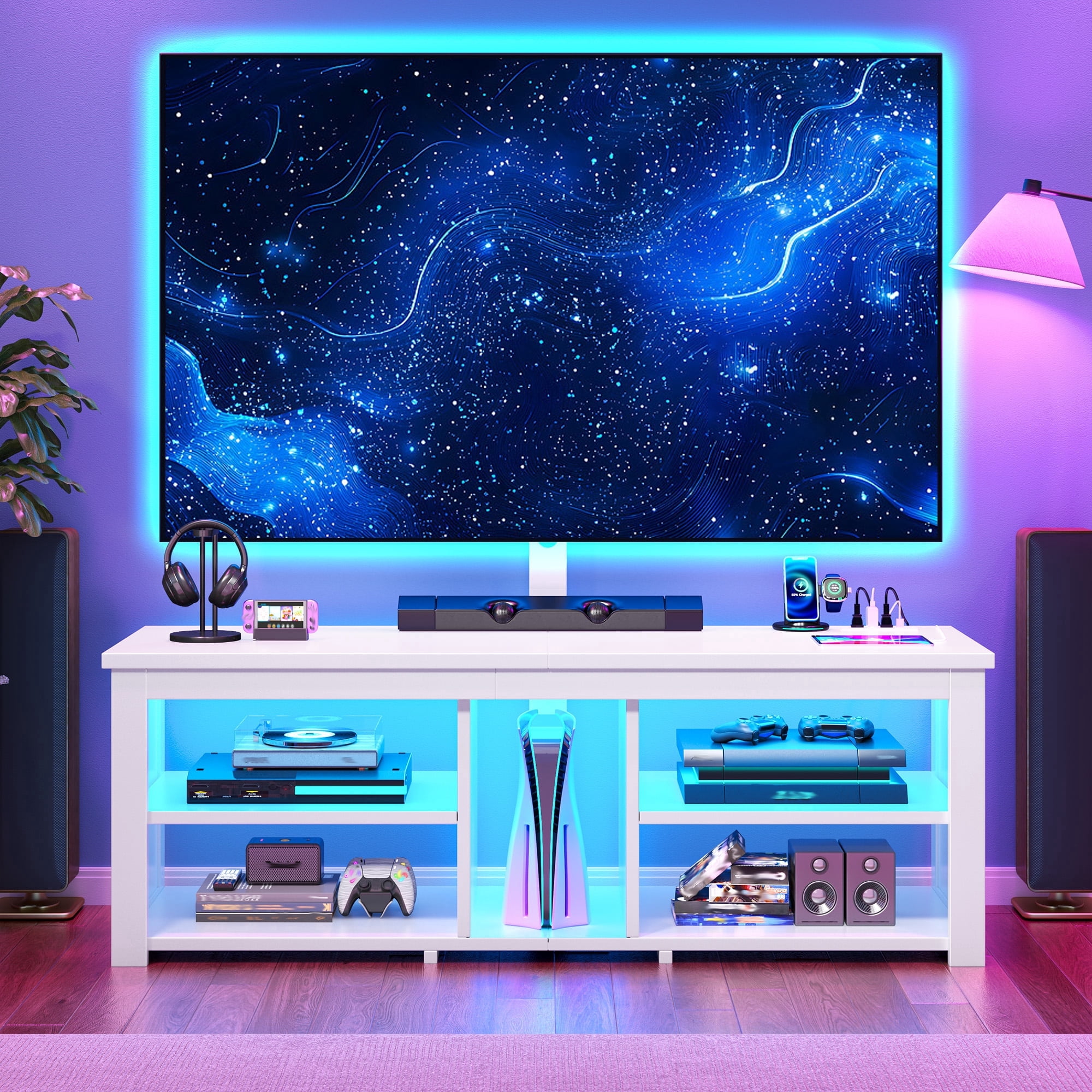 TV Stand with Mount & LED Lights for 70 inch TVs, Swivel Entertainment Center with Power Outlet, White
