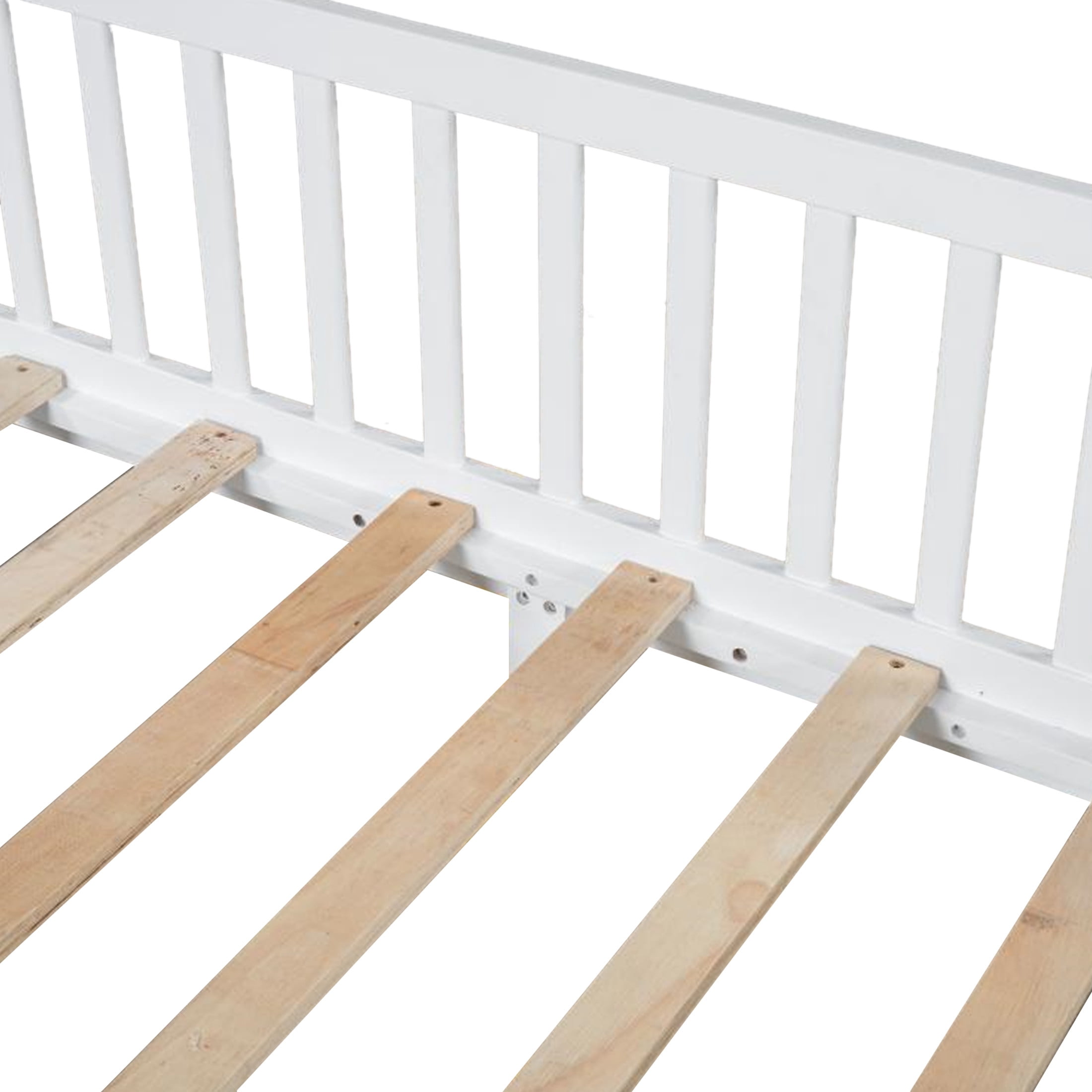 Noble House Auburn Twin Size Wood House Bed with Integrated Guardrail and LED Lights, Sturdy 4-Poster Play Bed, White