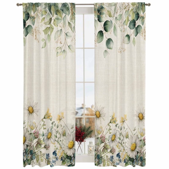 Semi Sheer Window Curtains 108 Inches Long, Flowers Eucalyptus Rod Pocket Silky Chiffon Curtain Treatment Drapes for Kitchen, Living Room, Vintage Country Botanical Floral Leaves 52"x108", 2 Panels