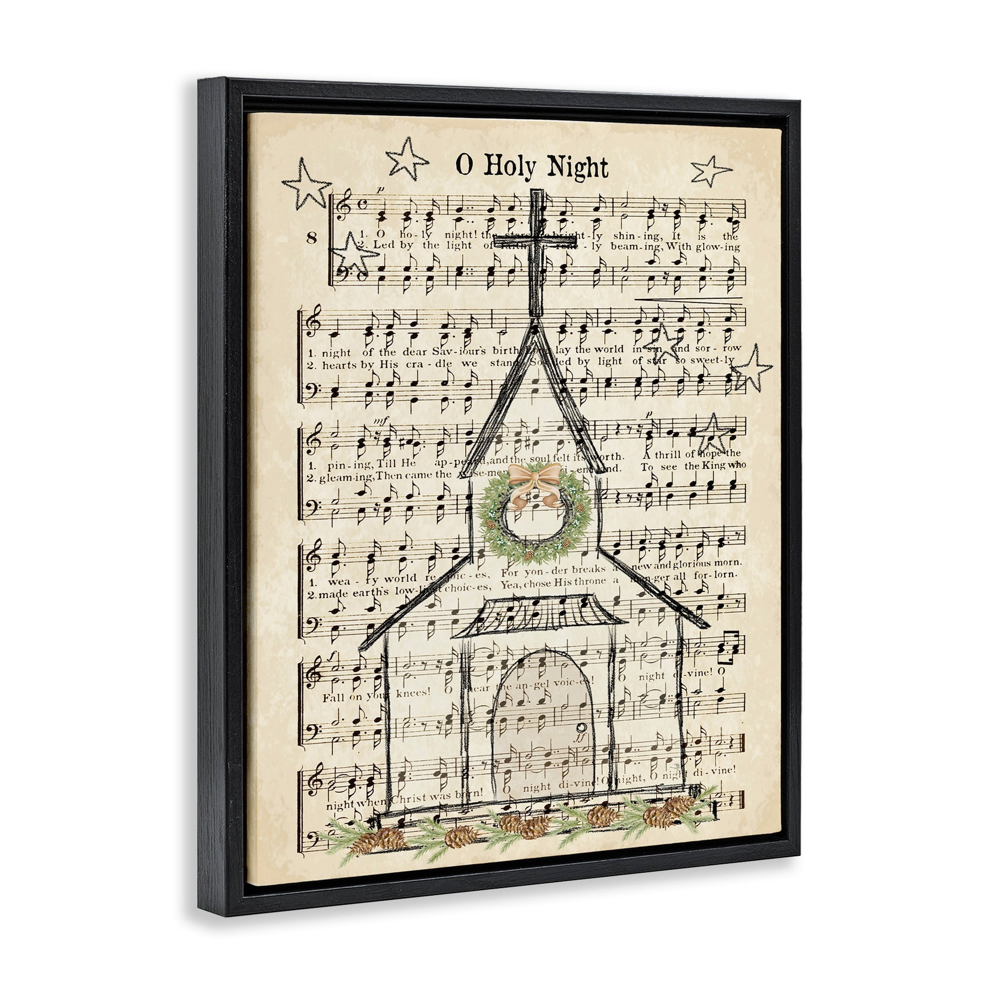 Stupell Industries Festive Winter Church Holy Night Musical Script Jet Black Framed Floating Canvas Wall Art, 16x20, by Andi Metz