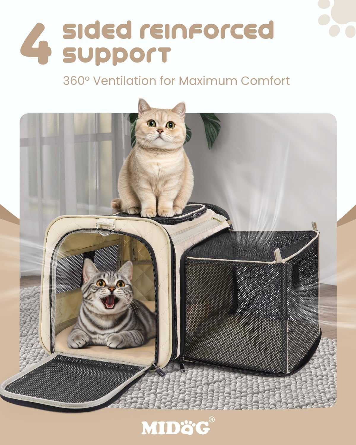 Soft Sided Cat Carrier for Small to Medium Cats, TSA Approved, Collapsible Travel Bag with Expandable Space and Breathable Window (Beige)