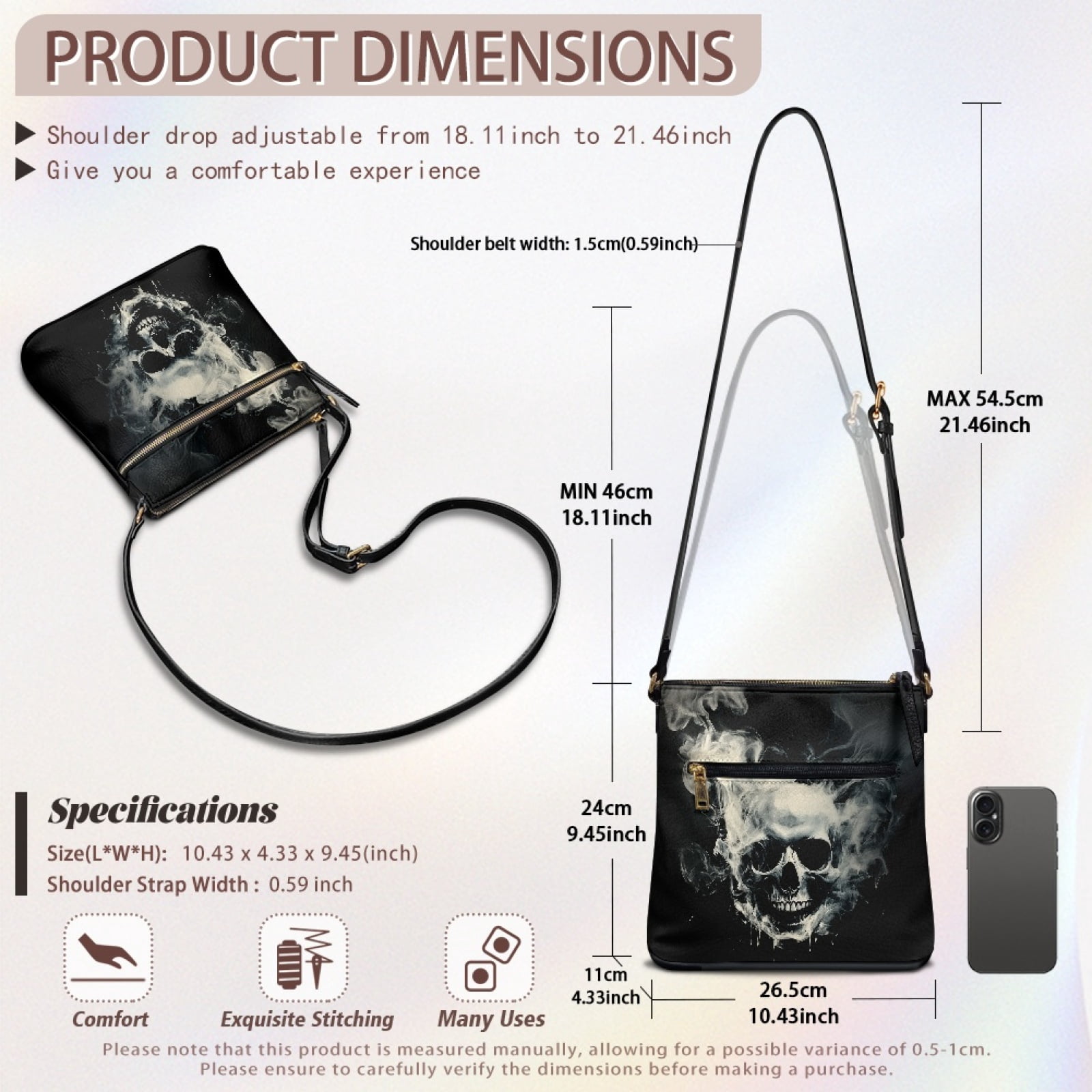 LedBack Skull Print Women Crossbody Hobo Bag Leather Shoulder Handbag Ladies Satchel Purse with Adjustable Strap, Portable Messenger Purse with Multi Pocket, Black