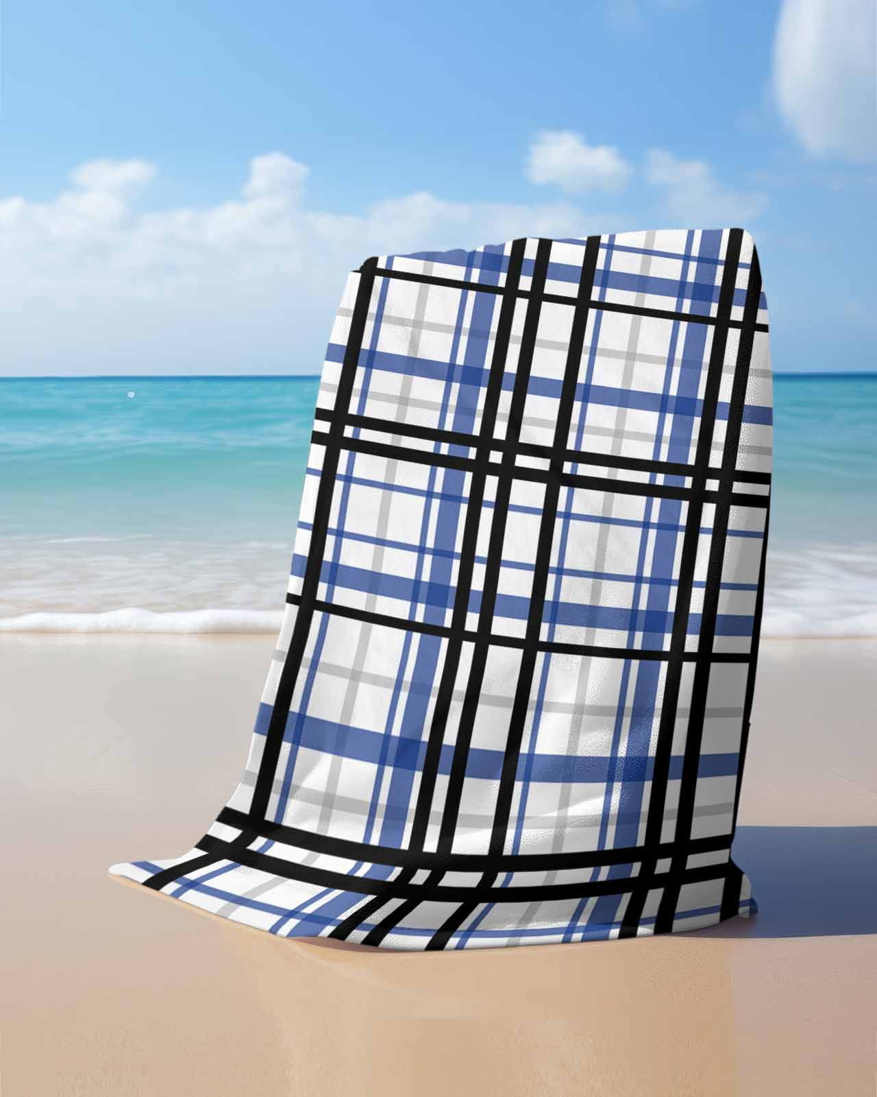 Blue Black Plaid Beach Towels Oversized Super Absorbent, Farmhouse Blue Black Checkered Lightweight Bath Towel Quick Dry Sets For Bathroom/Pool/Rv Camping/Beach Play/Gym Room/Picnic 30"x60"