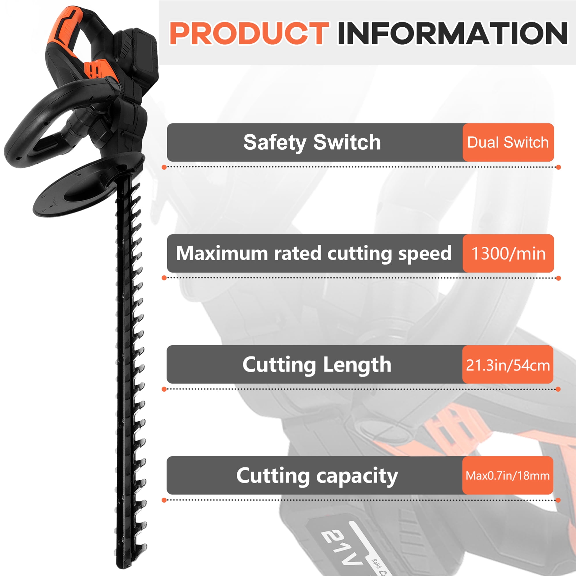 Hedge Trimmer Cordless , HDJ 21-Inch Steel Blade Max Cordless Hedge Trimmer with 2 Battery and Fast Charger, Electric Hedge Trimmer Cordless, Black and Orange