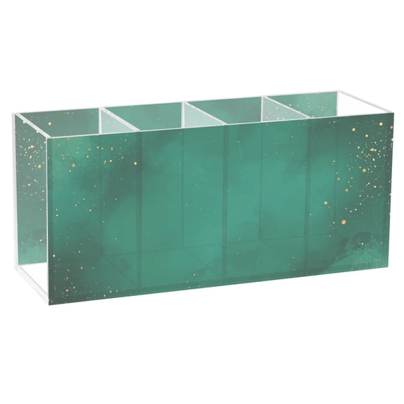 Pen Holder 4 Compartments Acrylic Pencil Cup Desktop Makeup Organizer Office Supplies Emerald Green with Golden Glitter