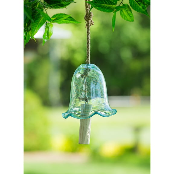 Evergreen Art Glass Speckle Teal Floral Shaped Bell Chime- 7 x 7 x 7 Inches Outdoor Decor