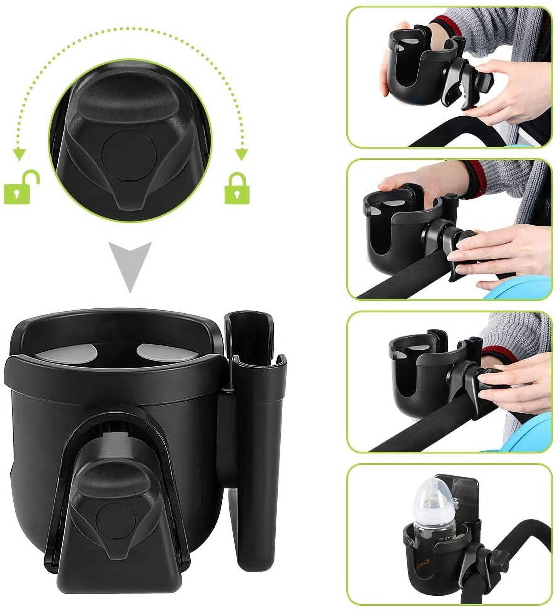 Stroller Cup Holder with Phone Holder, Bike Cup Holder, Universal Cup Holder for Uppababy Nuna Doona Strollers, 2-in-1 Cup Phone Holder for Walker Wheelchair Scooter Accessory All Black & All Black
