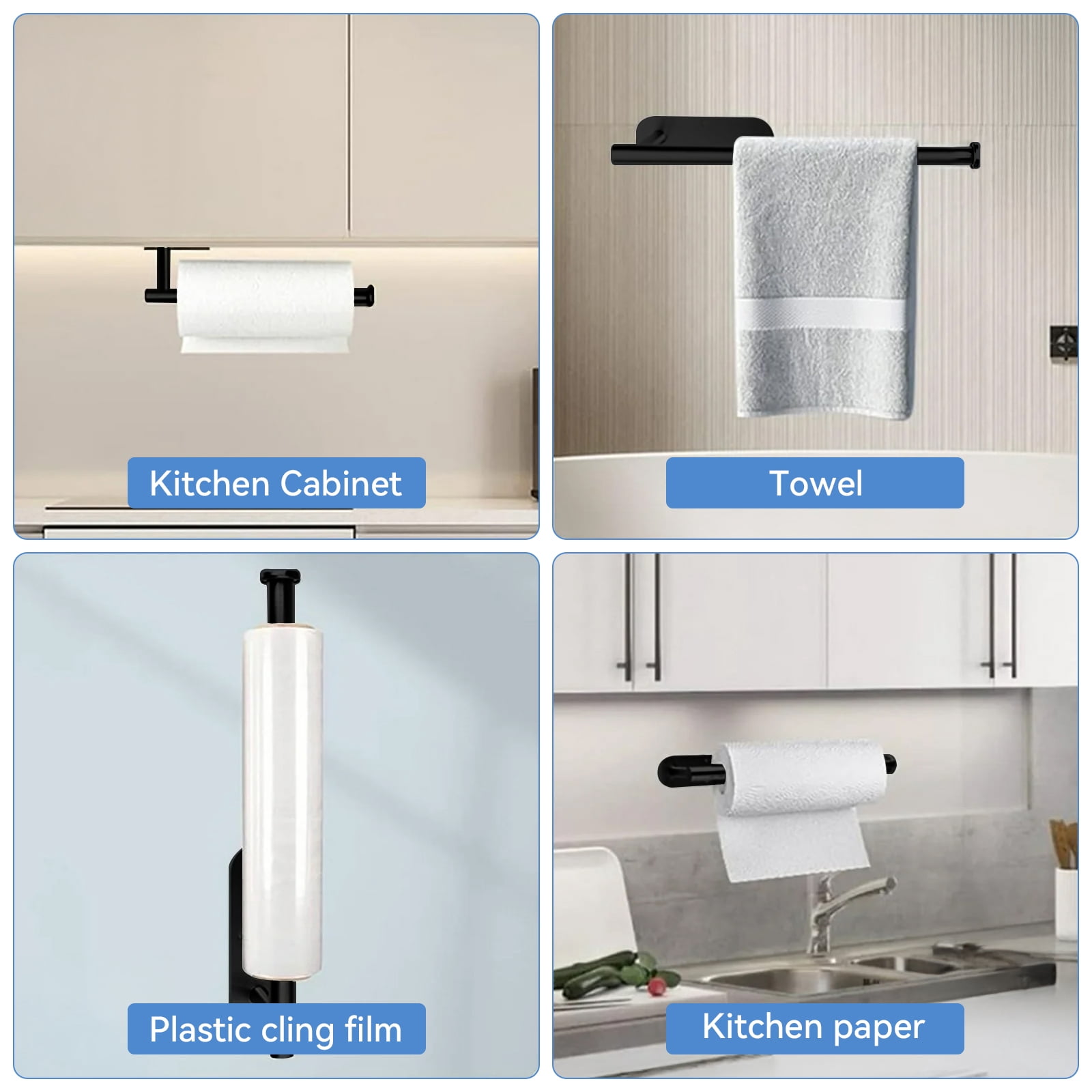 Brotasdro 2 Pack Stainless Steel Paper Towel Holder, Wall Mounted & Under Cabinet Paper Towel Rack, Rustproof Self-Adhesive or Screw Mount Kitchen Organizer, Black