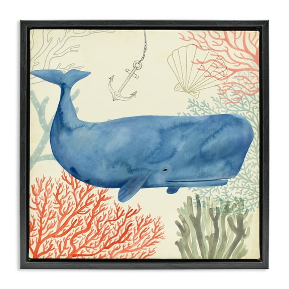 Stupell Industries Underwater Whimsical Whale Watercolor Animals & Insects Painting Black Floater Framed Canvas Art Print Wall Art, 18 x 18