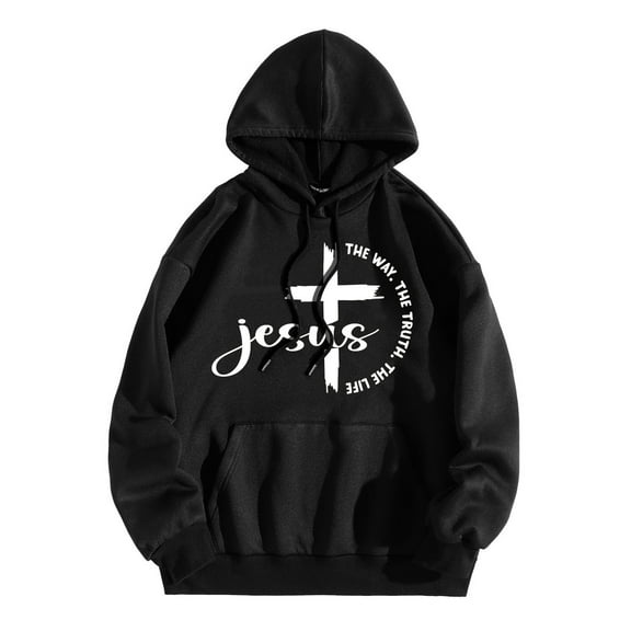 Fall Oversize Hoodies For Women Jesus Long Sleeve Hooded Christian Letter Print With Pocket Trendy Fall Clothes 2025 Black