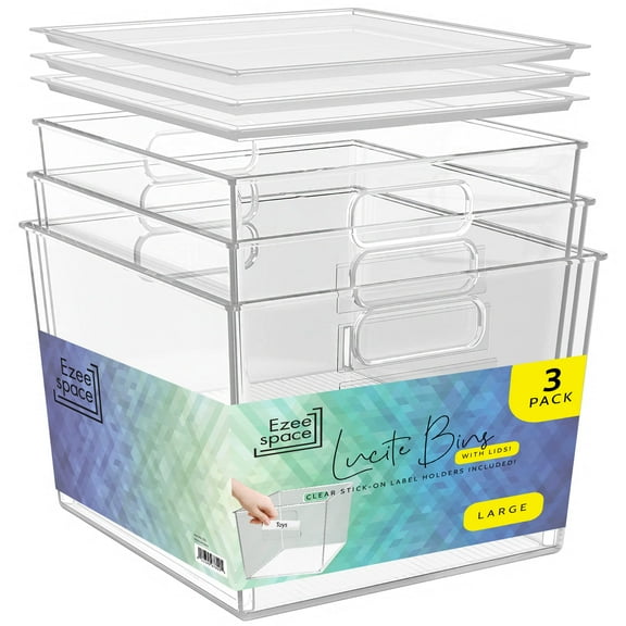 Open Box EZEE SPACE 3PK CLEAR PLASTIC STORAGE BINS WITH LIDS - 8X10 - CLEAR