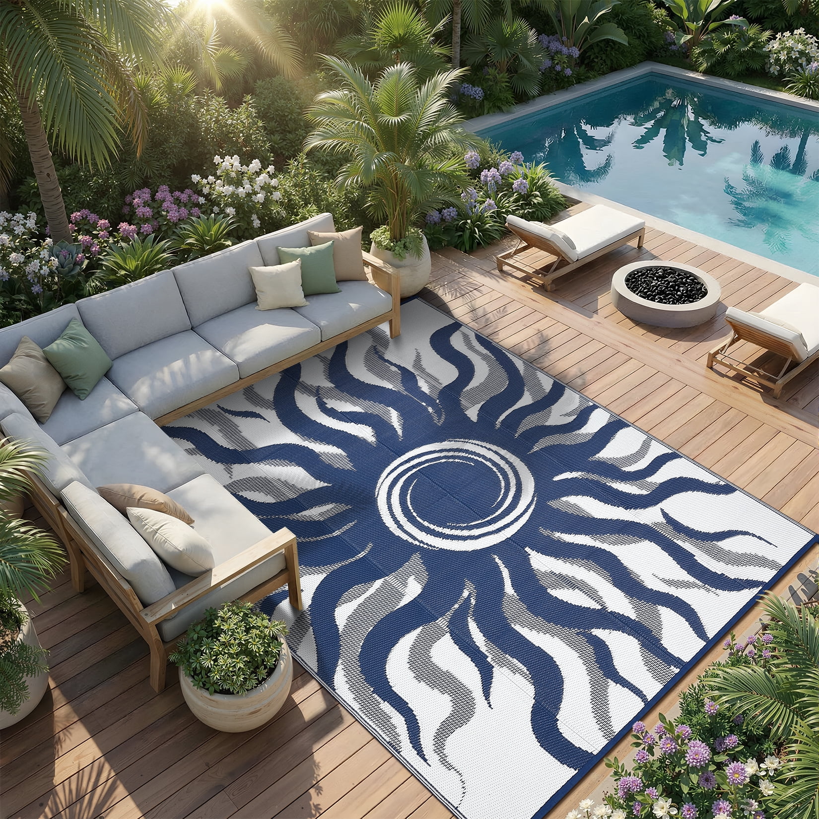 Soonbuy Sun Pattern Outdoor Rug, 9x12 Waterproof Reversible Plastic Straw Outdoor Patio Rug, Quick Dry Easy Clean Outdoor Area Rug Carpet for Camping, Picnic, Balcony, Porch, RV
