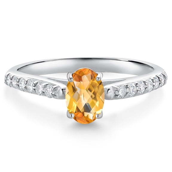 Gem Stone King 10K White Gold Yellow Citrine and White Lab Grown Diamond Soitaire Engagement Ring for Women (0.91 Cttw, Oval Checkerboard 7X5MM, Gemstone November Birthstone, Size 5)