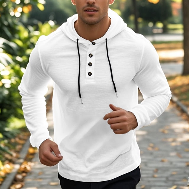 Handshe Men's Stylish Leisure Solid - Color Button Drawstring Hooded Long - Sleeve Loose Coat