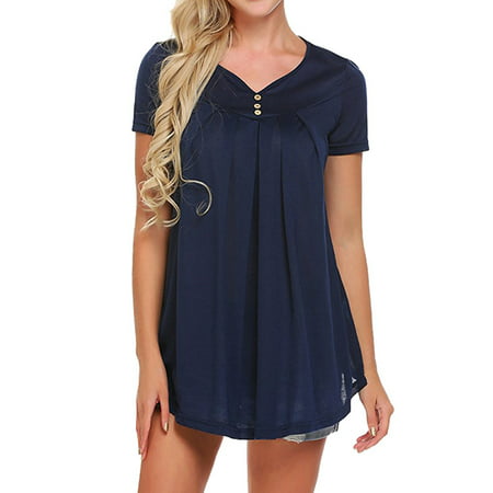 711ONLINESTORE Women Short Sleeve V-Neck Buttons Pleated Tunic Tops