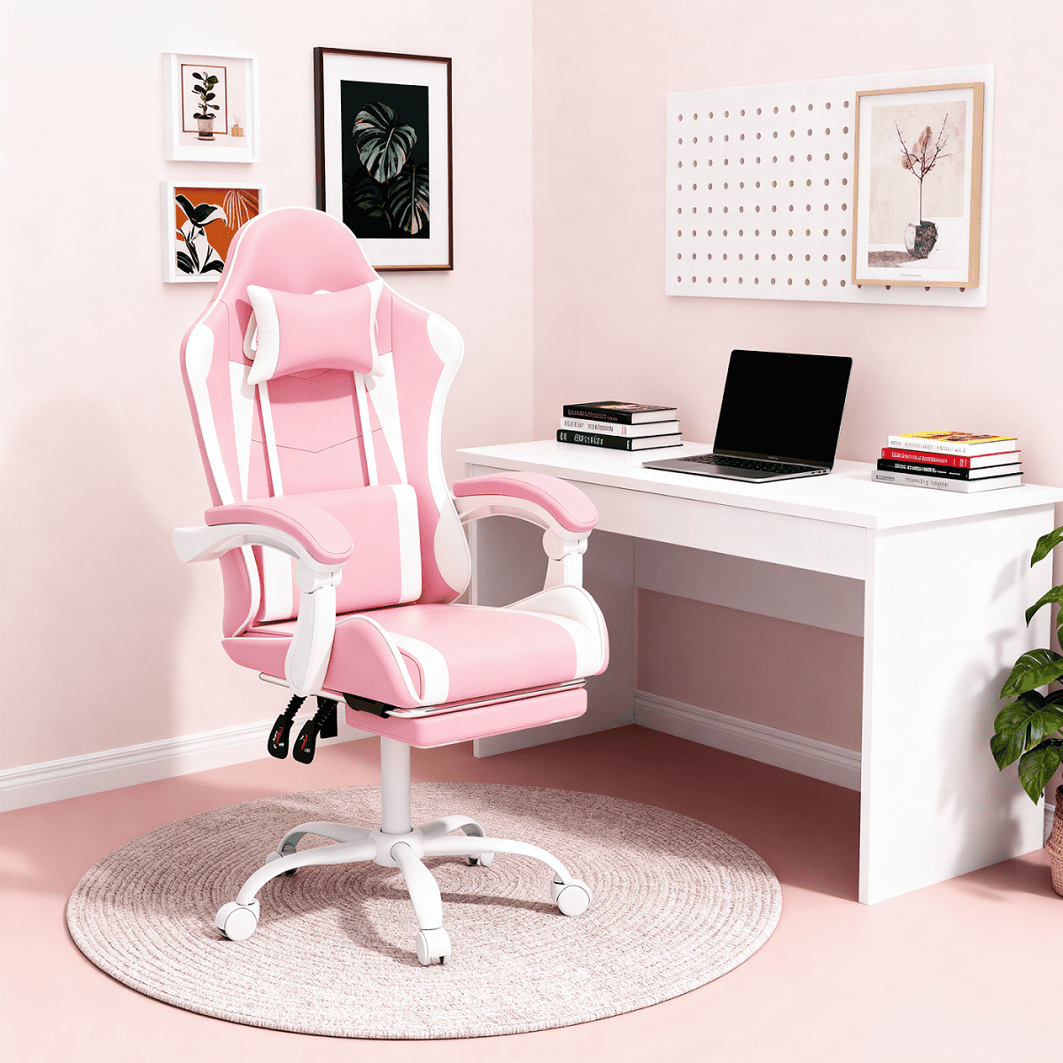 MoNiBloom Ergonomic Gaming Chair with Footrest, Adjustable Headrest and Lumbar Support for Office and Gaming, High-Back Racing Style Computer Desk Chair, Pink (Wide Seat)