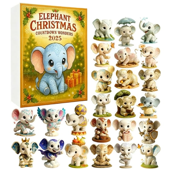Christmas Elephant Advent Calendar 2025-24-Day Countdown Calendar Boxes with 24pcs 2D Acrylic Elephant Funny Christmas Gift for Wildlife Lovers