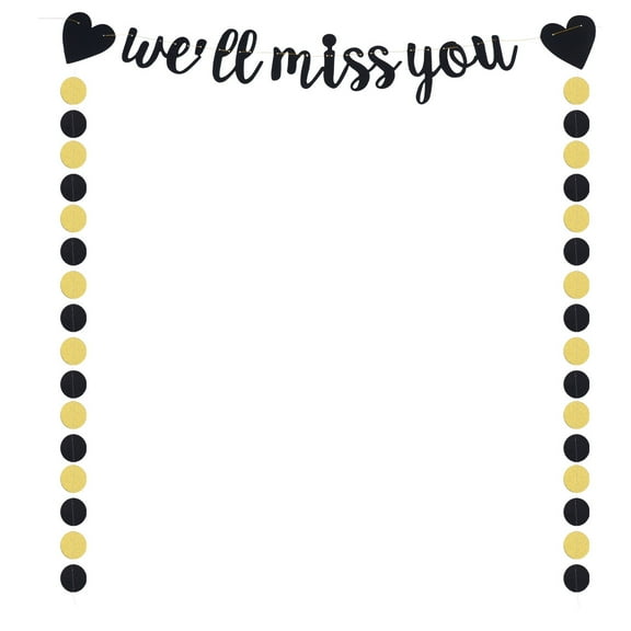Zehuanyu 3pcs We Will Miss You Letter Pull Flag Beautiful Party Garland Decorative Banner for Bachelor Party Retirement Farewell (1pcs Letter Black Banner, 2pcs Round Dot Golden Black Banner)
