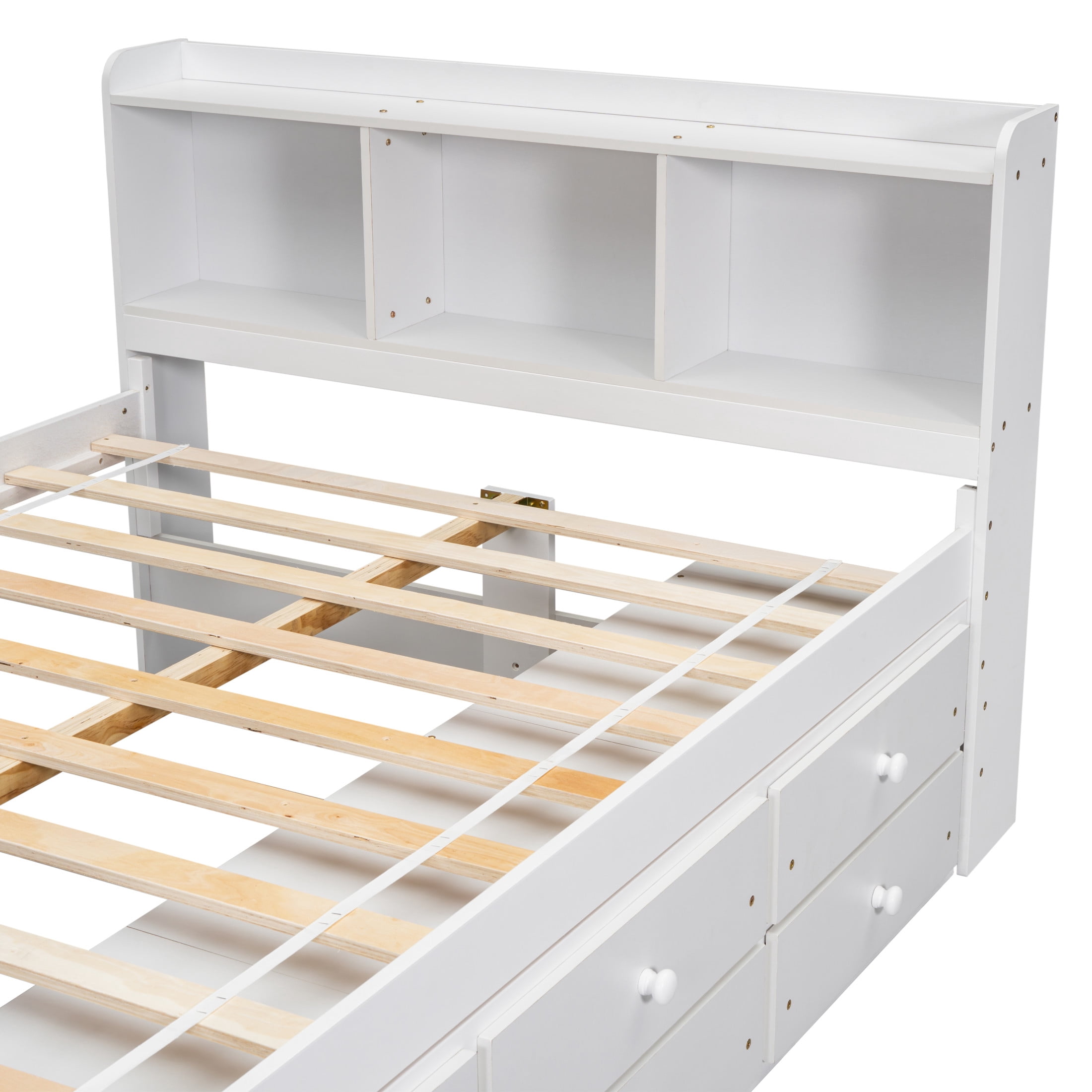 Noble House Full Bed with Bookcase Headboard, 6 Storage Drawers and Bed-End Storage, Pine Wood Frame, White