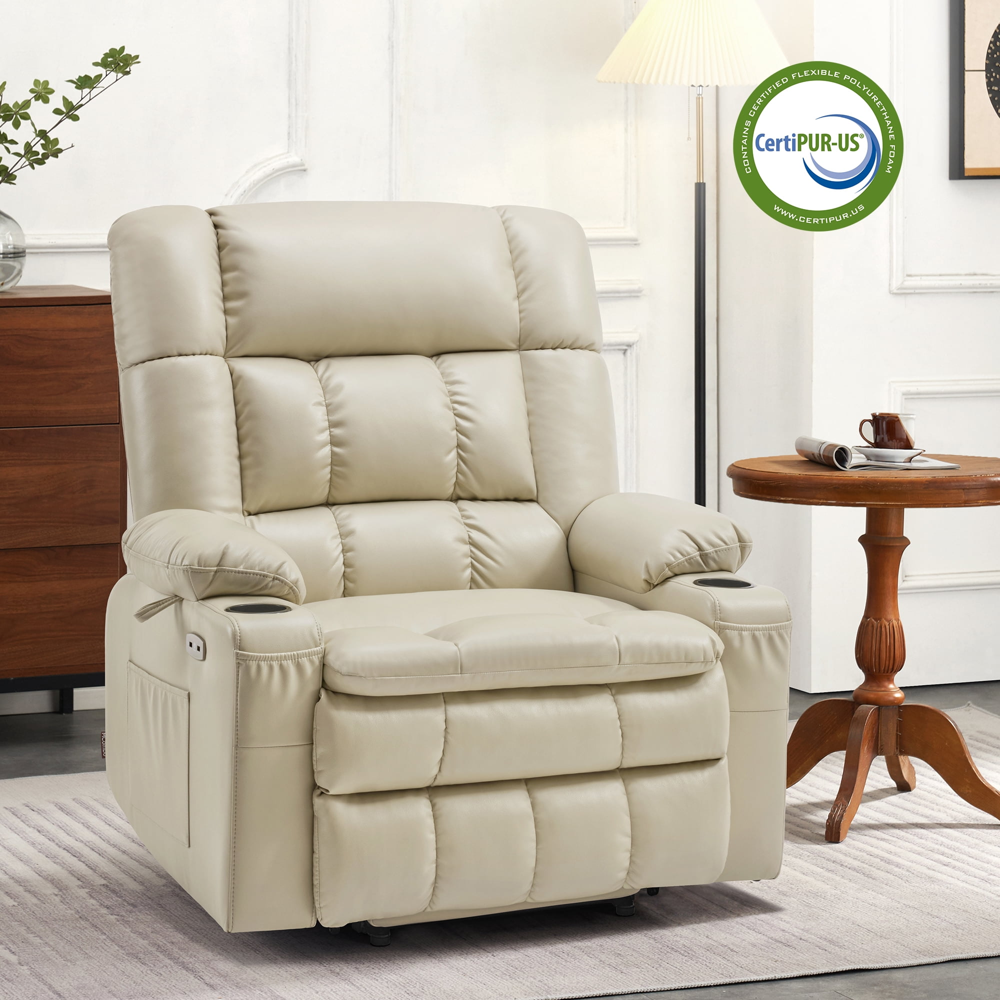 MCombo Oversized 27.2" Seat Width Dual Motor Power Lift Recliner Chair for Height 5'7"-6'2", Infinite Position, Faux Leather(Cream White)