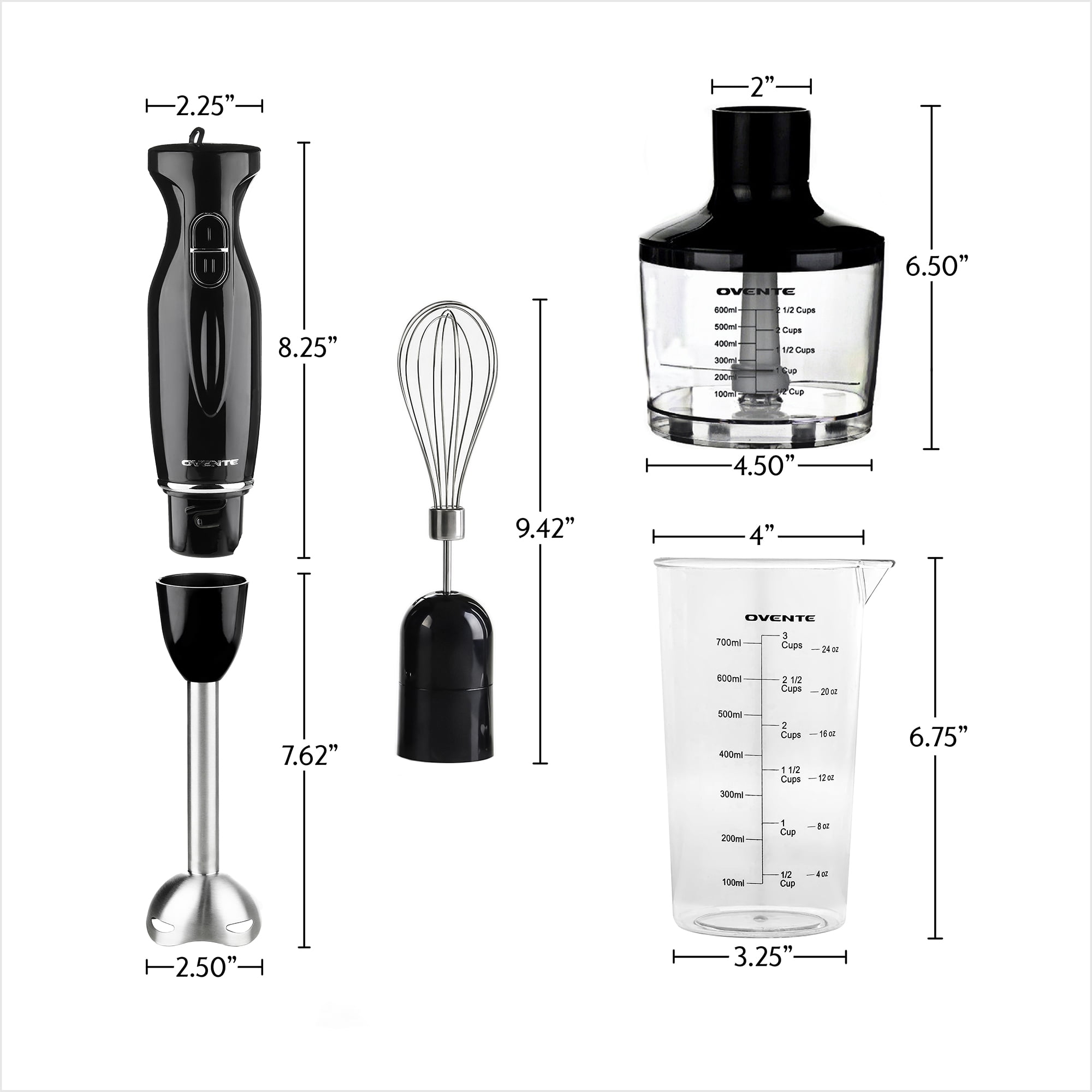 Ovente Immersion Electric Handheld Blender Set with Stainless Steel Blades,  500 Watt 6 Mix Speed Portable Stick Blender with Egg Whisk Attachment  Mixing Beaker & Food Processor/ Chopper, Black HS695B 