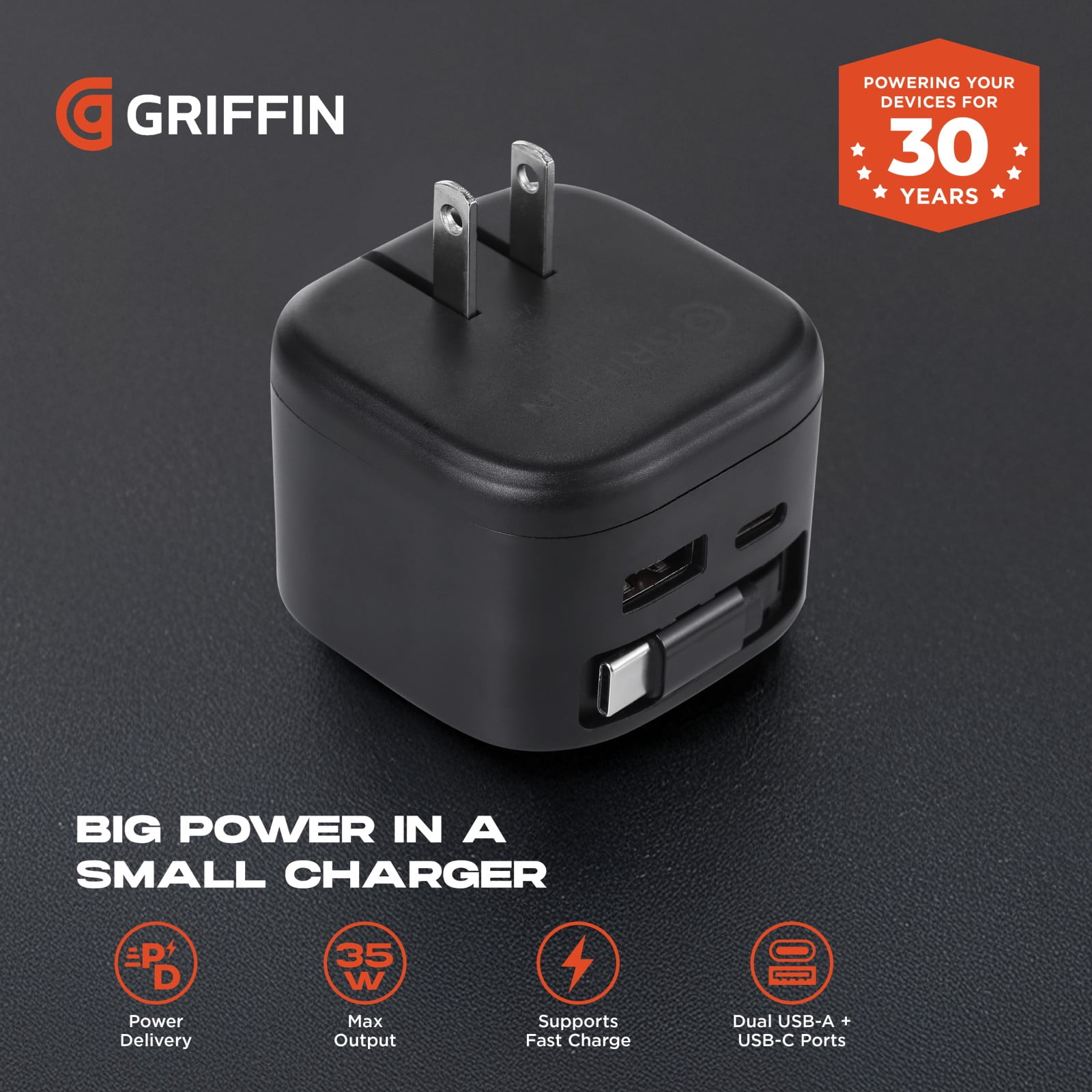 Griffin Dual Port Wall Charger with Retractable USB-C Cable, Power Delivery, Fast Charging (35W Max Output), Dual USB-A & USB-C Ports - Universal Compatibility for Phones and Devices