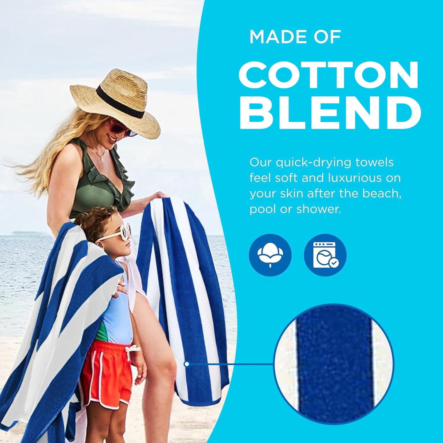 Kaufman - Large Beach Towel | 30" x 60" Terry Cabana Striped Beach Towels | Absorbent, Quick-Drying | Cotton Thick Beach Towels (Blue/White, 4-PK)