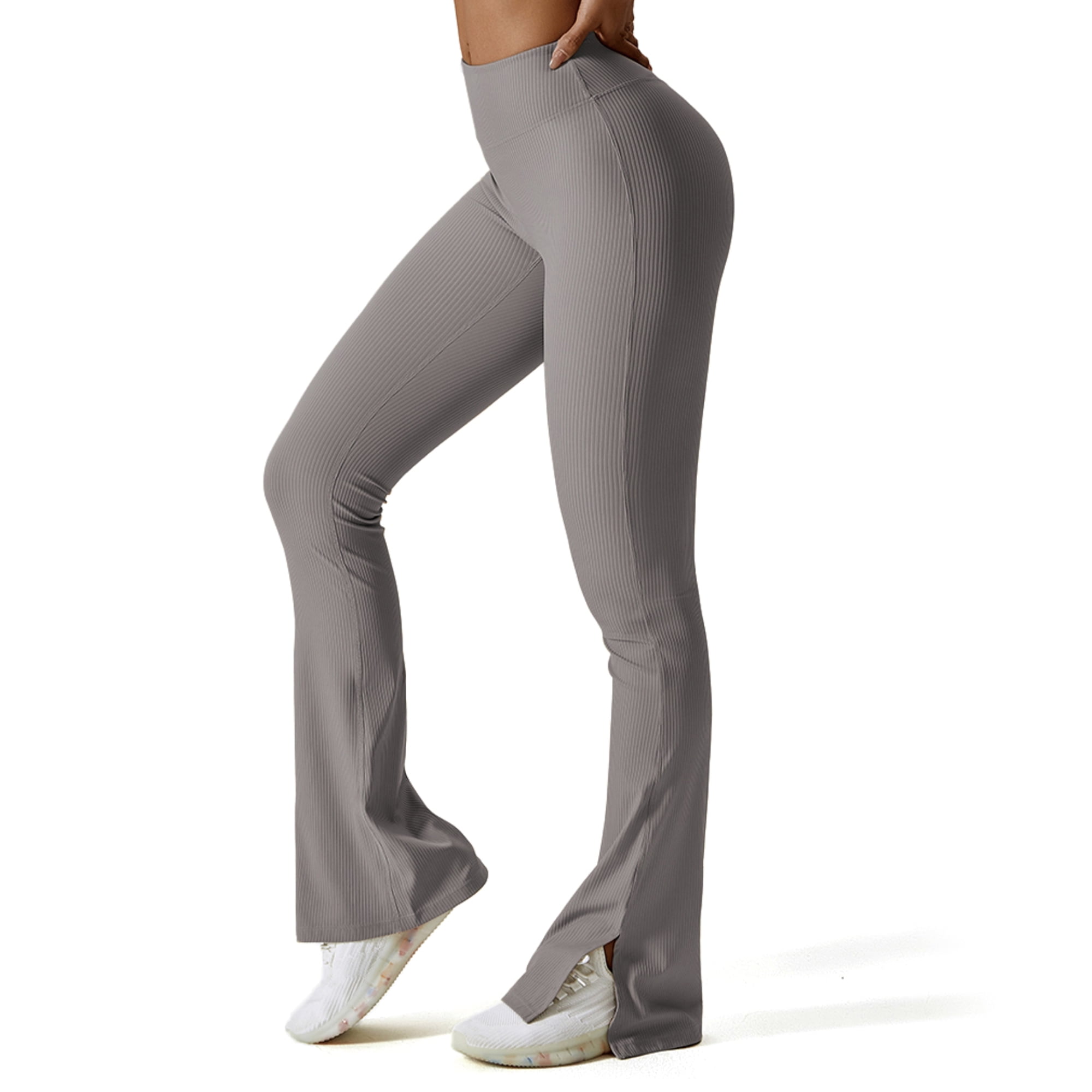 (2 pack) FITOP Womens Ribbed Flared Leggings Slit Hem High Waist Bootcut Yoga Pants Workout Bootleg Pants